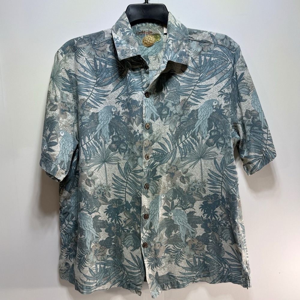 Caribbean‎ Palm & Bird Print Short Sleeve Silk Blend Shirt Men's Large